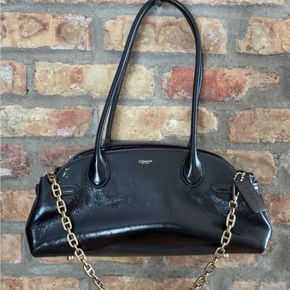 Coach empire 34 carryall Black Leather Shoulder Bag with Gold Accent.
